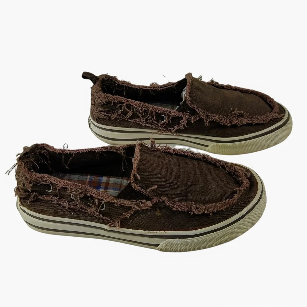 GAP Slip On Shoes Kids Sz 11 Brown Frayed Canvas Distressed‎ Plaid Lined Loafers